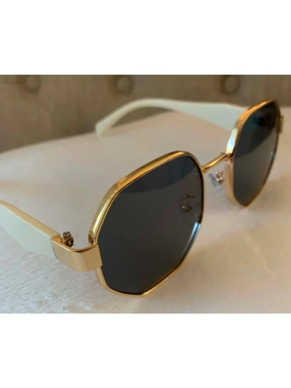 Unisex Octagon Gold Frame Sunglasses With Grey/Black Lenses & Ivory White Arms